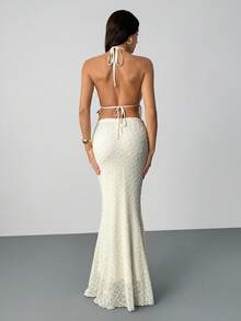 SHEIN Tall Women's Solid Color Backless Halter Top And Mermaid Hem Skirt Bodycon Sexy 2 Pieces Set - Beige - View 2
