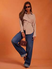 NYA SZN Top à manches longues avec col boutonné, cravate, tenue d'affaires, décontractée de tous les jours, modeste, de bureau, pour l'automne, déclaration, festival pour femmes - Tabac - Voir 7