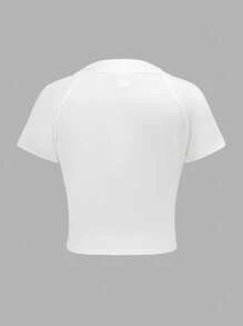 SHEIN Tween Girls Basic Solid Color Slim Fit Stretch U-Neck Short Sleeve Knitted Cropped T-Shirt, White - White - View 3