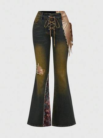 EDITION Jeans a vita bassa con stampa animalier vintage, patchwork e frange, in stile Y2K di Shibuya, con lacci e vita bassa, a zampa d'elefante e corto per le donne