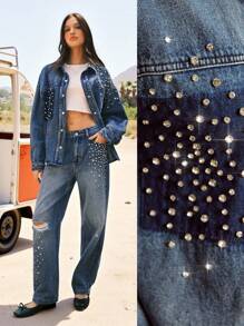 Easelle Western Sequin Women's Casual Washed Rhinestone Decor Top And Denim Jeans 2-Piece Set, Vintage, Fall Women Clothes Rave Concert Techno Outfits - Blue - View 14