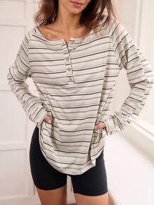 Hanevo Women's Striped Off Shoulder Button Long Sleeve Casual Sports T-Shirt Fall Cloth For Women - Multicolor - View 4