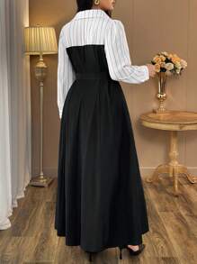 Auvina Plus Size Women's Patchwork Striped Long Sleeve Double-Breasted Elegant Dress