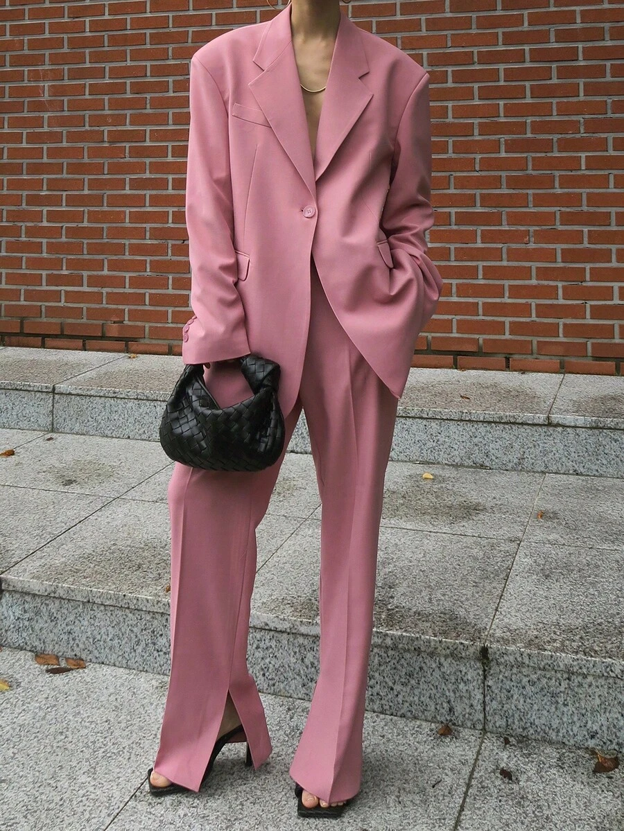 Women's Chic Smooth Pink Suit Set Business Attire - Baby Pink - View 1