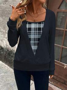 SHEIN LUNE Women's Plaid Patchwork Long Sleeve Casual Sweatshirt Fall Cloth For Women - Navy Blue - View 4