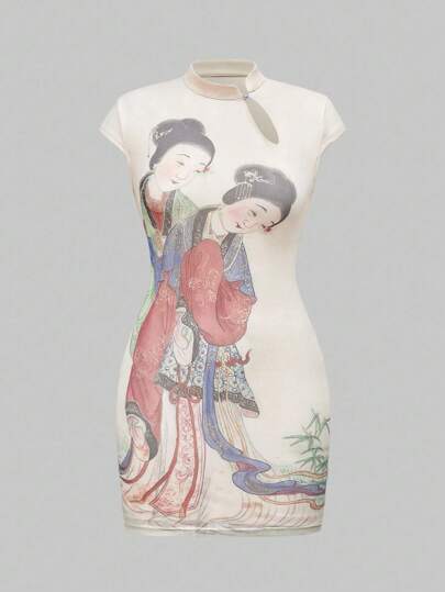 ROMWE Avant Sexy Chinese Style Figure Print Cheongsam Mini Dress For Women