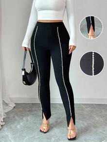 Selianne Women's Black Tights Contrasting Pearl Ribbon Knitted Texture Split Hem Leggings,Black And White,Summer,Classy,Party Leg-Lengthening Office Trousers - Black - View 1
