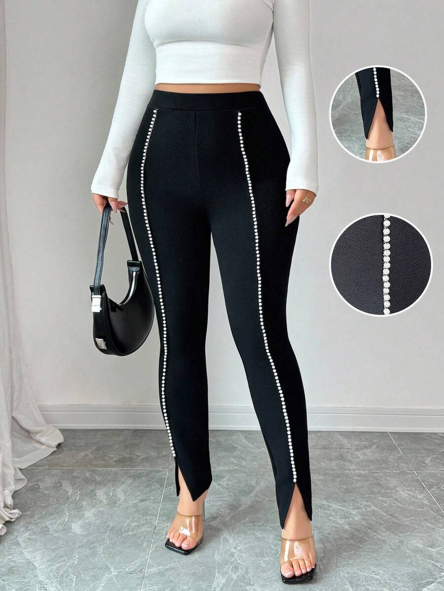 Selianne Women's Black Tights Contrasting Pearl Ribbon Knitted Texture Split Hem Leggings,Black And White,Summer,Classy,Party Leg-Lengthening Office Trousers - Black - View 1