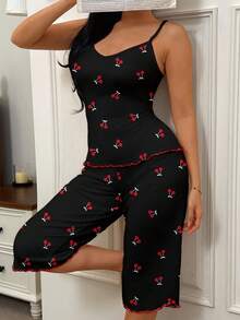 EasyFave Women's Contrast Color Cherry Print V-Neck Camisole & 3/4 Pants Pajama Set Cherry Print Two Piece Set - Multicolor - View 6