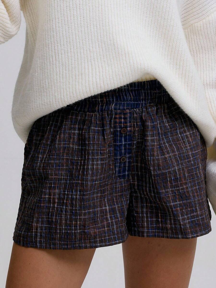 MUSERA 亚麻质感格纹迷你纽扣松紧腰短裤，夏季，街头风，Y2K，酷女孩，都市秋冬圣诞风