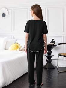 SHEIN 2 件女童休闲 V 领撞色条纹蝴蝶结装饰柔软牛奶丝短袖上衣和裤子套装 - 黑色 - 查看 2