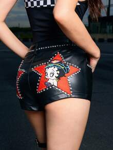 Betty Boop | ROMWE Women's Cartoon Figure Embroidery Rhinestone Embellished Sexy Shorts - Black - View 3