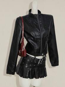 SHEIN ICON 秋冬时尚黑色PU皮长袖短款夹克 - 黑色 - 查看 8