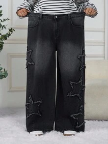 SHEIN CURVE+ 大码女式五角星磨边口袋阔腿宽松休闲牛仔裤 - 黑色 - 查看 3