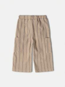 SUMWON Toddler Linen Feel Pull On Pants Striped Beach Casual Summer Vacation Resort Wide Leg Comfortable Wear With Side Patch Pockets Daily Wear - Brown - View 2
