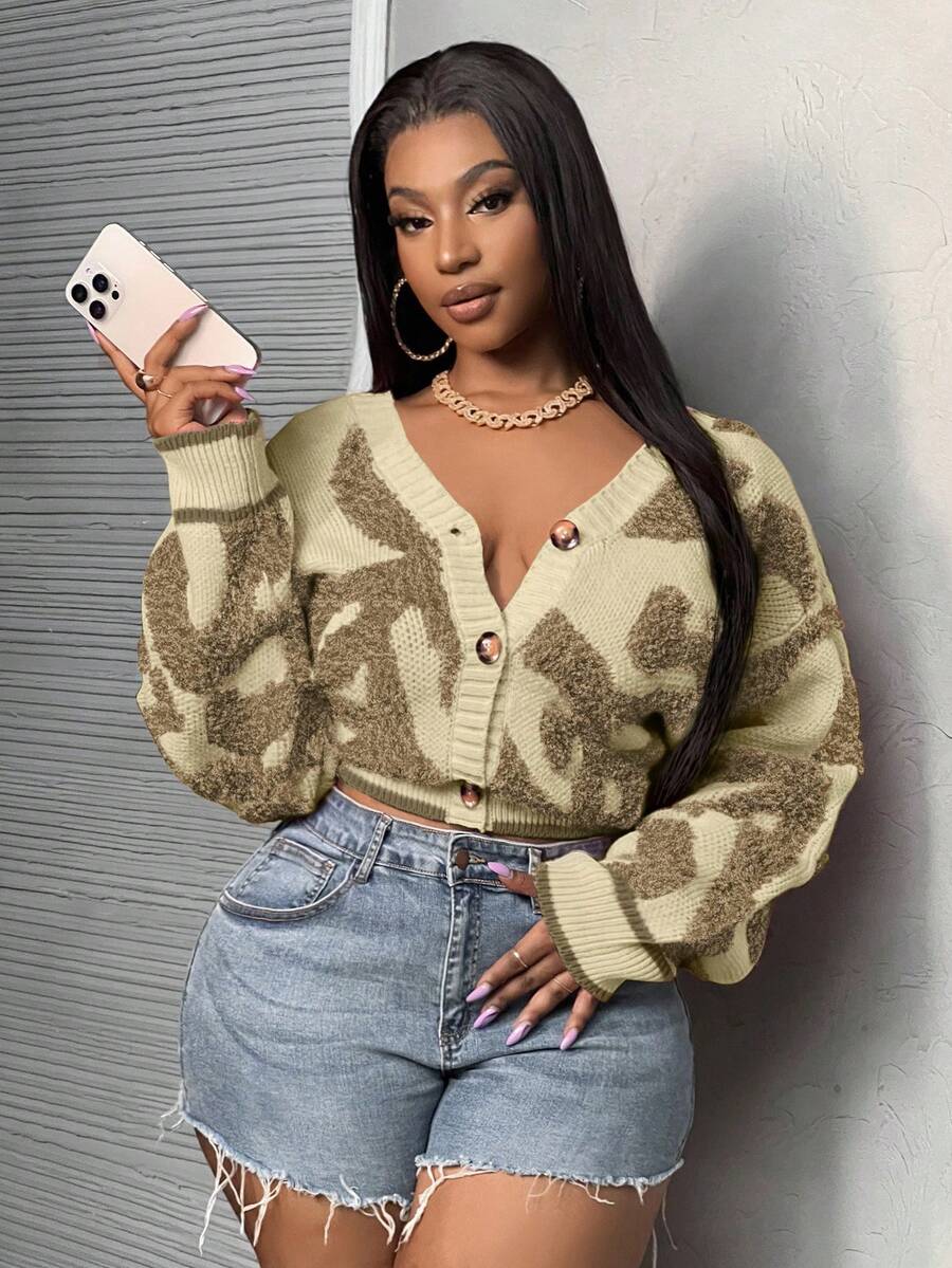 Slaydiva 休闲撞色落肩开衫，适合秋冬季、节日、新年、情人节等场合，短款开衫，纽扣短款上衣毛衣，毛绒开衫，纽扣毛衣，秋季 - 杏色 - 查看 1