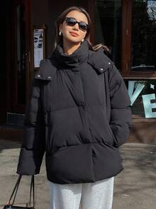 DAZY Jaket Wanita Model Fleece Tebal Longgar Warna Polos dengan Tudung untuk Musim Gugur/Musim Dingin - Hitam - View 7