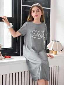 SHEIN 女童趣味字母印花休闲短袖睡裙 - 灰色 - 查看 4