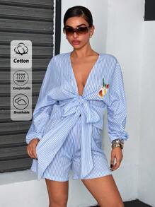 SHEIN Cottnline Women Striped And Embroidery Detailed Two Pieces Outfits Tops And Short Sets Women Summer Clothing Women Summer Clothes Women Summer Sets Women's Clothes - Blue and White - View 1