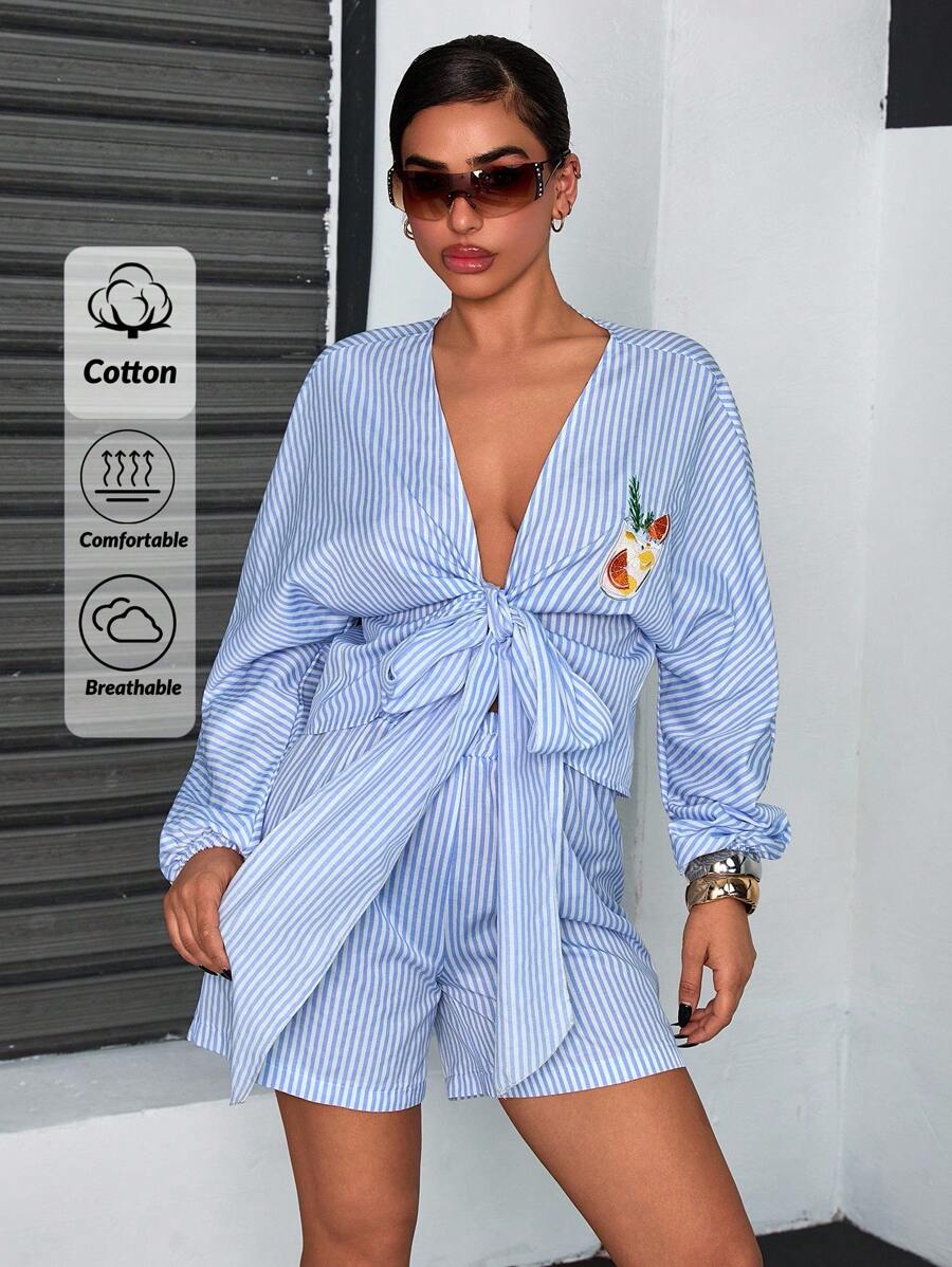 SHEIN Cottnline Women Striped And Embroidery Detailed Two Pieces Outfits Tops And Short Sets Women Summer Clothing Women Summer Clothes Women Summer Sets Women's Clothes - Blue and White - View 1