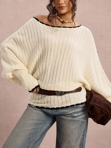 SHEIN VCAY 大码女式蝙蝠袖宽松休闲套头衫 - 米色 - 查看 5