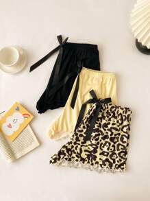 Cute Wide Leg Mini Sleep Shorts With Textured Patterns And Knot Detail In Multicolor 3 Pieces Short Sets Women Leopard Print Shorts Women Short Sets 3pcs Short Sets For Women Ruffle Shorts - Multicolor - View 3