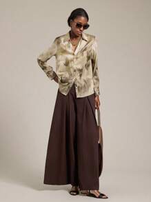 Ontre Women's Elegant Floral Print Satin Shirt,2025 Autumn Long Sleeve Collared Blouse,Olive Green Office Wear,Business Casual Old Money Style,Urban Chic - Yellow - View 2
