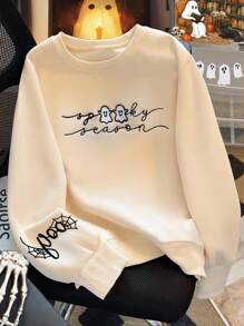 INAWLY Sweatshirt décontracté à col rond avec lettrage "BOO" brodé, cadeau d'Halloween - Nude - Voir 1