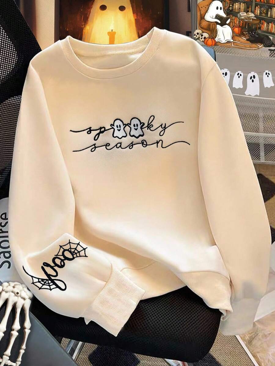 INAWLY Sweatshirt décontracté à col rond avec lettrage "BOO" brodé, cadeau d'Halloween - Nude - Voir 1
