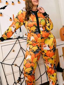 Plus Size Women's Halloween Full Print Half Button Front Long Sleeve Jumpsuit Pajamas, Fall - Orange - View 1