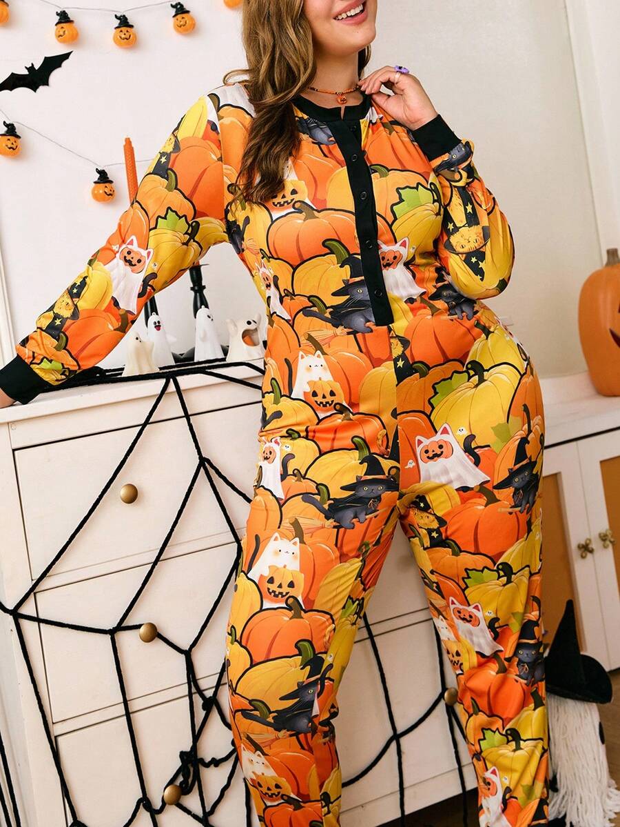 Plus Size Women's Halloween Full Print Half Button Front Long Sleeve Jumpsuit Pajamas, Fall - Orange - View 1