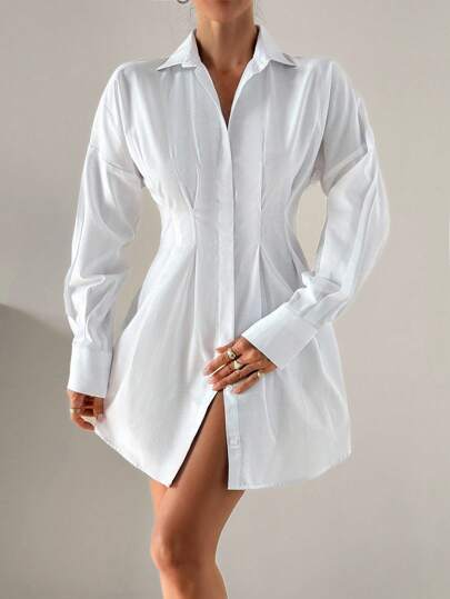 EURMUSE Elegant And Casual White Long Sleeve Fit Waist Shirt