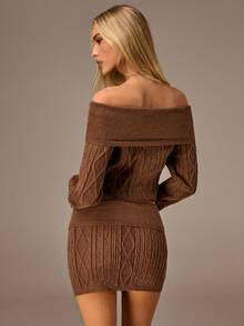 Avantive Shades Of Brown Autumn Elegant Brunch Outfits,Long Sleeve Knit Two Pieces Set,Off Shoulder Cable Knit Top&Mini Skirt,Fall&Winter Bodycon Outfit - Coffee Brown - View 2