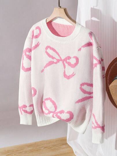 Sparklyn 1pc Girls Sweater, Round Neck, Pink Butterfly Decor, Regular Sleeve, Neat Hem, Medium Thickness, Pink To White Ombre Knit Sweater, Sweet & Cute, Soft & Skin-Friendly Top, Essential For Autumn/Winter Daily Wear Girls Pink Bow Sweater Pink Bow Knit Sweater Girls Knit Sweater Bow Sweater Fall