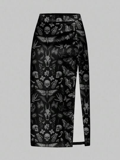 Gothic Dark Mysterious Horror Skull, Bat, Moth, Plant Print Black Skirt For Women, Full Print, High Slit, Autumn/Winter