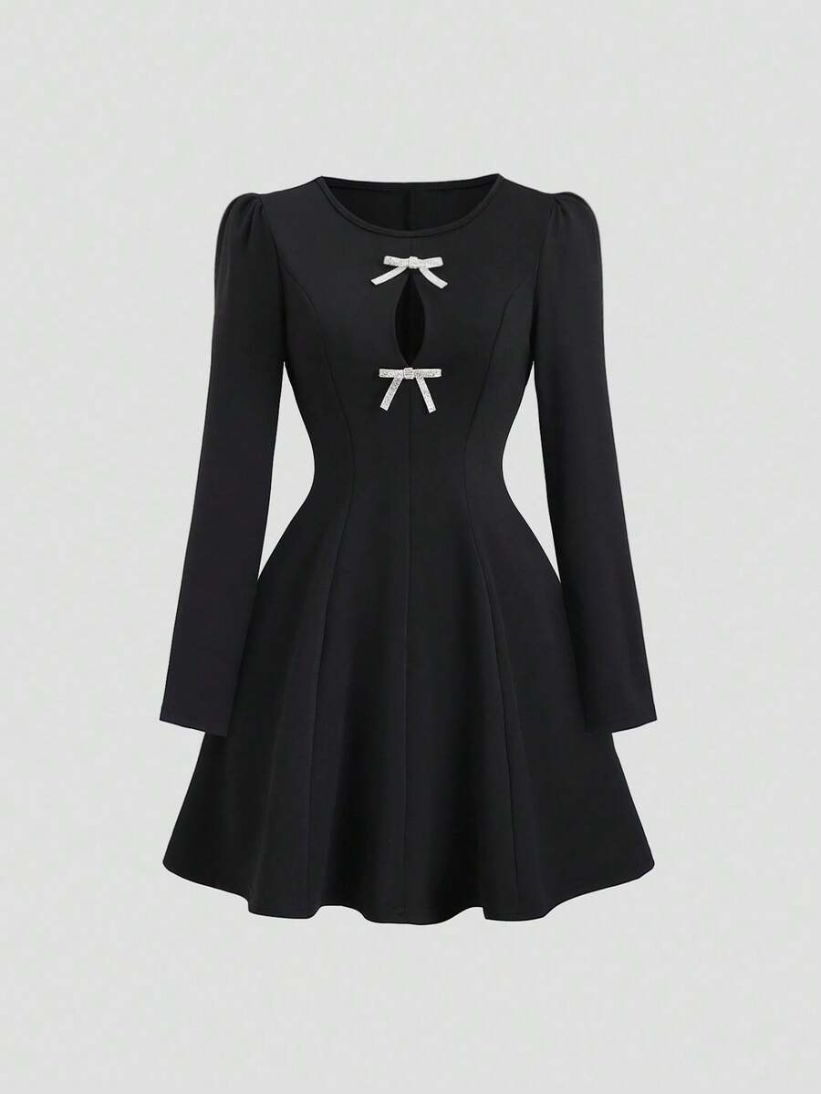 SHEIN Unity Women's Rhinestone Bow Contrast Color Elegant A-Line Long ...
