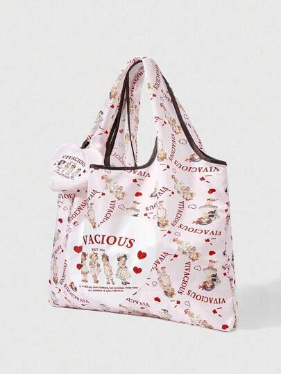 Kawaii 2-Piece Cartoon American Girl Large Capacity Foldable Tote Bag With Coin Purse, 442464