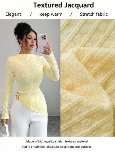 Elenzga Y2K Style Women's Buttercup Yellow Ribbed Knit High Neck Long Sleeve Ruched Fitted Pullover Top, Irregular Metal Button Design, Versatile For Spring/Autumn Casual Wear And Layering