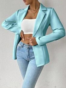 Chiquease 女士纯色立领长袖休闲西装外套，通勤风格，秋季 - 藍色 - 查看 4