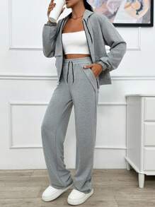 EURMUSE 两件套 两线浅灰色连帽卫衣和运动裤，饰有闪亮宝石细节 - 淺灰色 - 查看 4