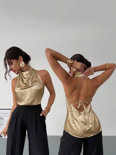 Firerie Blusa feminina elegante, sexy, delicada e romântica para festas e uso diário, com revestimento metálico, decote halter nas costas e cor champanhe.