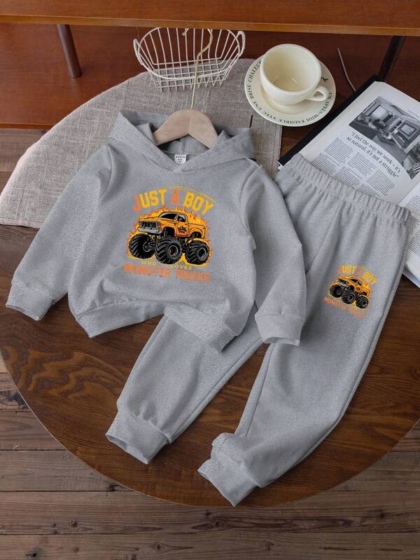 2pcs Young Boy Grey Long Sleeve Hoodie And Pants Set, Letter Slogan, Firetruck Graphic, Back To School, All Season Chic Outfits For Autumn/Winter Boys Sweatsuits Set Boys Two Piece Hoodies Set Boys Lounge Set Boys Monster Truck Sweatshirt Boys Monster Truck Pants Fall