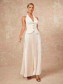 Lumalex Women's Off-White Summer Elegant Formal 2pcs Set,Metal Buckle V-Neck Ruched Waist Top & Satin Shiny Pleated Maxi Skirt,Old Money Wedding Guest Outfit - Apricot - View 9