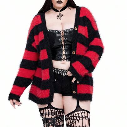 고스펑크 할로윈 고딕 블랙 앤 레드 스트라이프 플러스 사이즈 가디건
