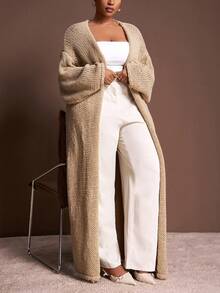 Veslaya 大码女式纯色落肩长袖休闲针织开衫，大码开衫，长款开衫，粗针织开衫，米色开衫，棕色开衫，秋冬季 - 卡其色 - 查看 12