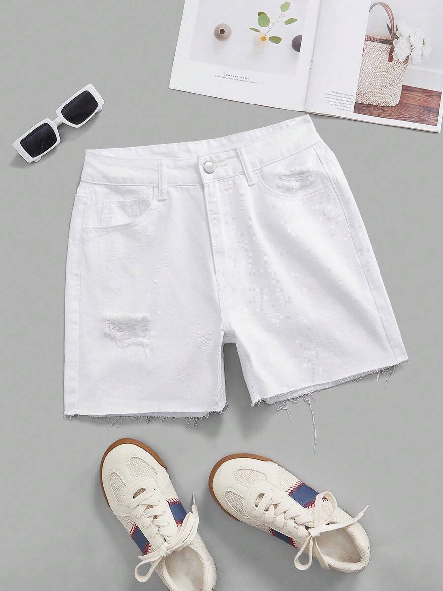SHEIN ICON Shorts jeans femininos de cor sólida, desgastados e com bainha desfiada - Branco - Ver 1