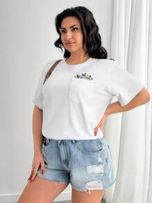 EURMUSE Áo phông 100% Cotton thêu hoa, cổ tròn, chi tiết túi - trắng - Xem 5