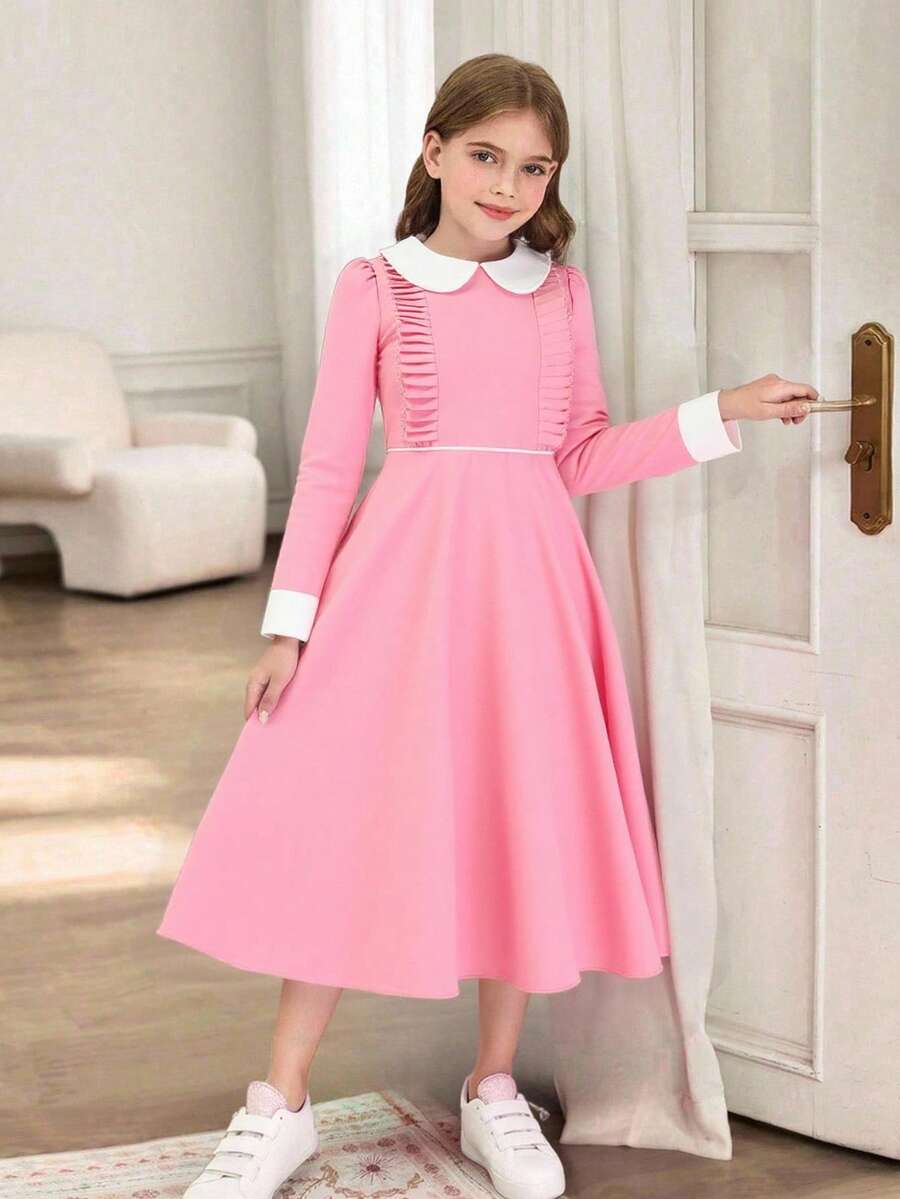 Váy xếp ly chắp vá cho bé gái, vải hồng trắng, phong cách đại học, mặt trước có xếp ly xếp ly, cổ áo và tay áo màu trắng, thời trang và dễ thương, thích hợp mặc đi học hoặc mặc thường ngày - Hồng - Xem 1