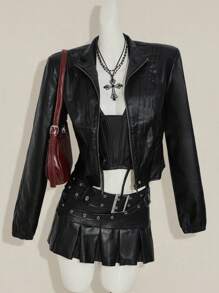 SHEIN ICON 秋冬时尚黑色PU皮长袖短款夹克 - 黑色 - 查看 4