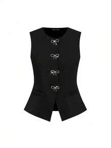 SHEIN Ellevyn Áo vest không tay cổ tròn cho nữ, trang trí nơ pha lê đen, thanh lịch để mặc hàng ngày, đi làm, xuân/hè, áo sơ mi thu - màu đen - Xem 3